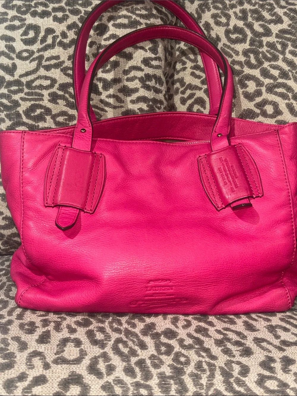 Ralph Lauren bright pink tote slouchy soft leather embossed logo multi pocket
